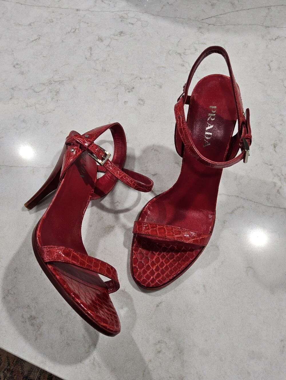Prada Red Croc-Embossed Leather Slingback Heels 39